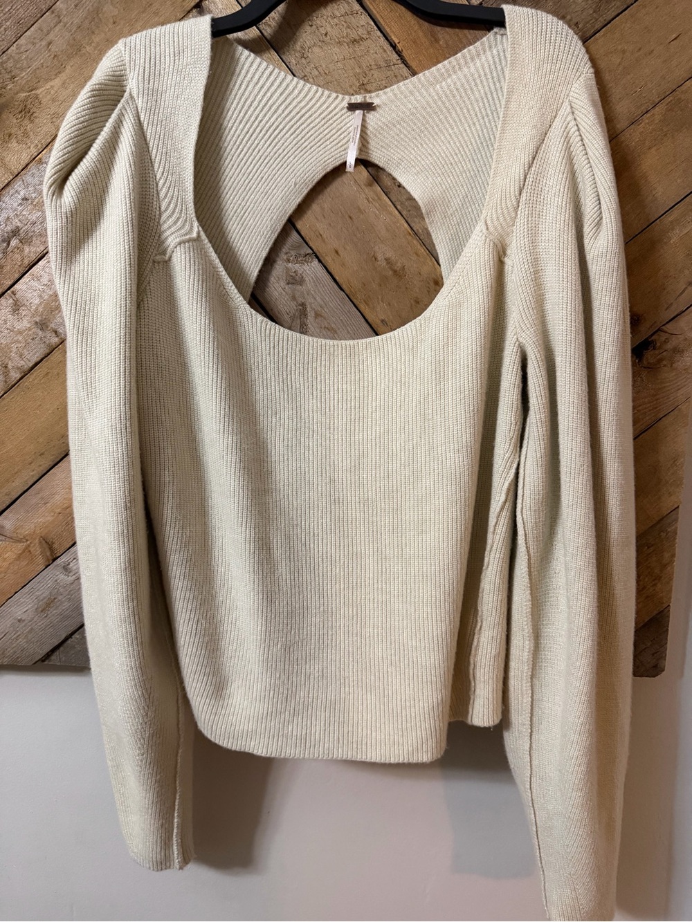 Free People Cream Ribbed Open-Back Pullover Sweater